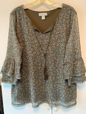 Christopher & Banks Olive Green Ditsy Floral Tassel Blouse